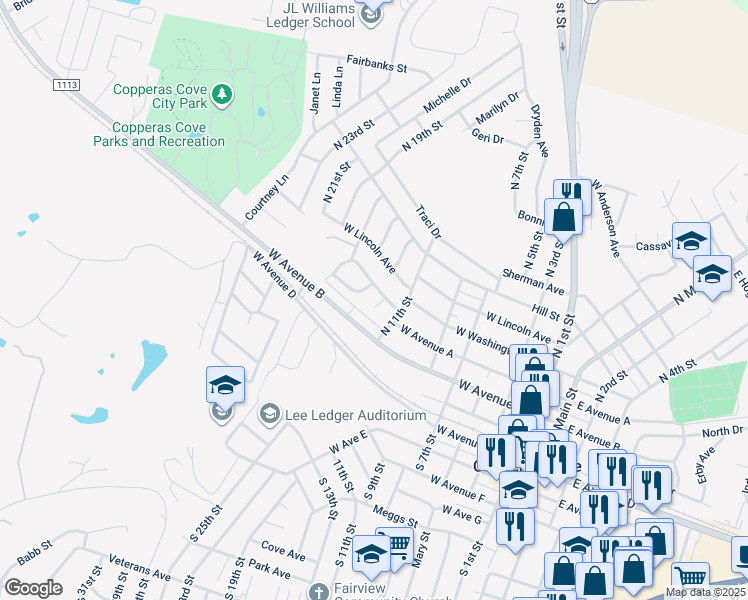 map of restaurants, bars, coffee shops, grocery stores, and more near 305 Dora Court in Copperas Cove