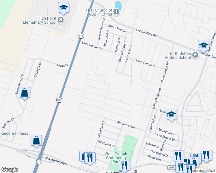 map of restaurants, bars, coffee shops, grocery stores, and more near 8911 Hidden Oaks Drive in Temple