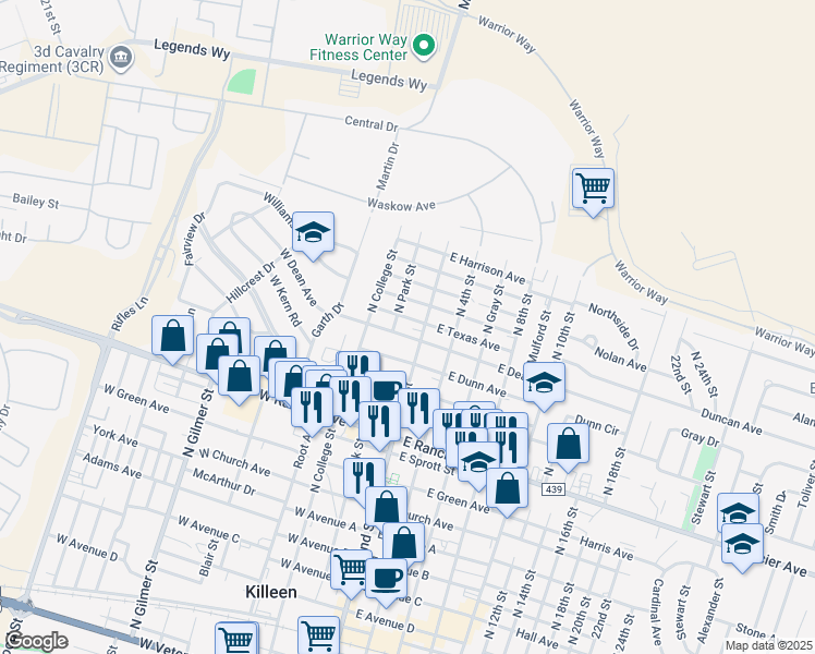 map of restaurants, bars, coffee shops, grocery stores, and more near 1305 North 2nd Street in Killeen