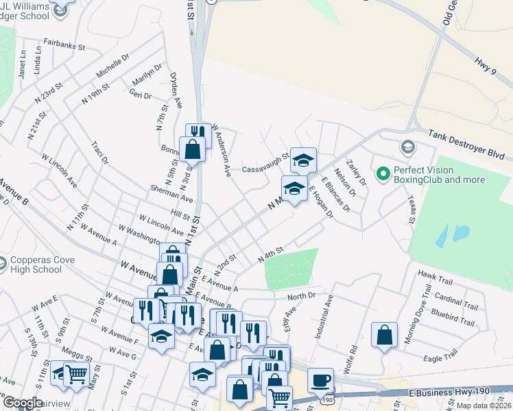 map of restaurants, bars, coffee shops, grocery stores, and more near 808 North Main Street in Copperas Cove