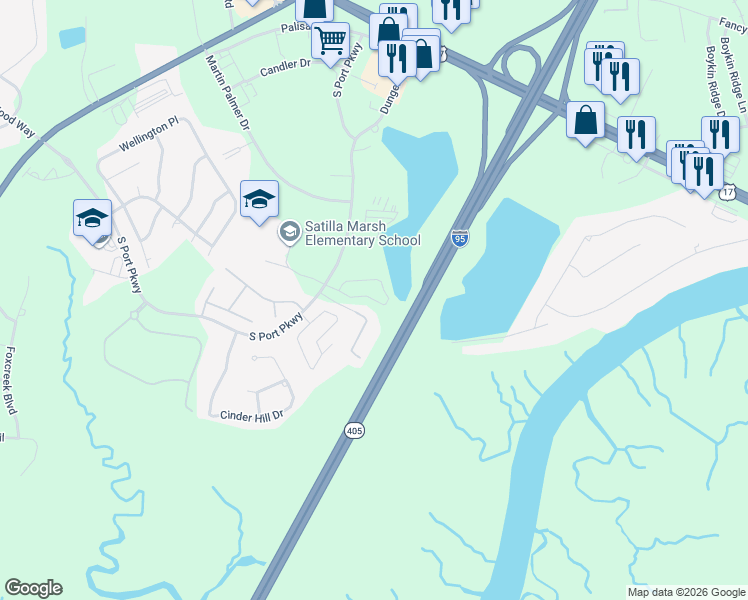 map of restaurants, bars, coffee shops, grocery stores, and more near 391 South Port Parkway in Brunswick