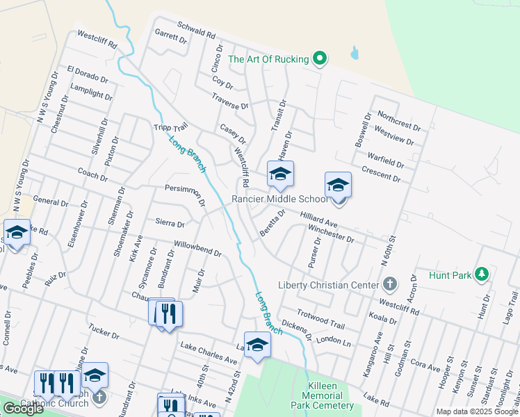map of restaurants, bars, coffee shops, grocery stores, and more near 3221 Hilliard Avenue in Killeen