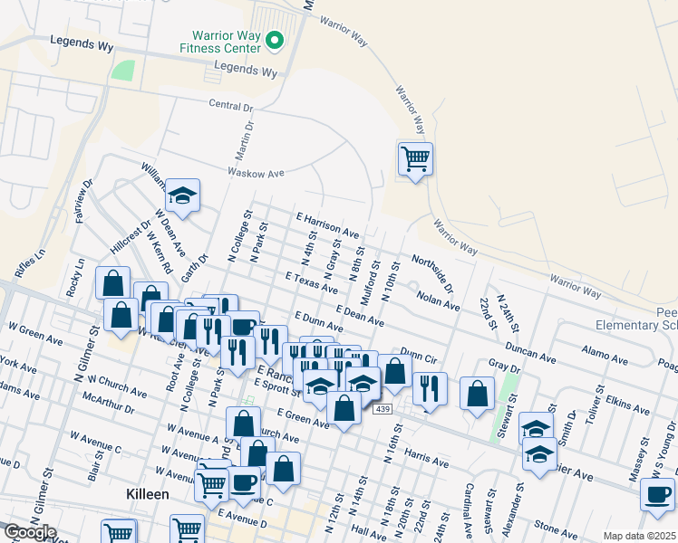 map of restaurants, bars, coffee shops, grocery stores, and more near 1707 North 8th Street in Killeen