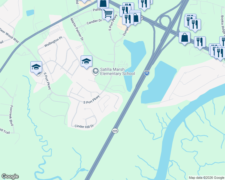 map of restaurants, bars, coffee shops, grocery stores, and more near 375 South Port Parkway in Brunswick