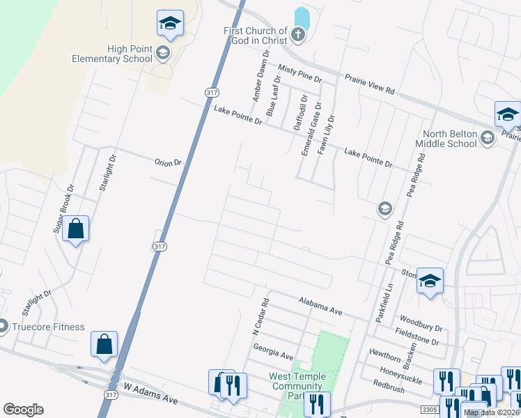 map of restaurants, bars, coffee shops, grocery stores, and more near 8911 Sky Crest Drive in Temple