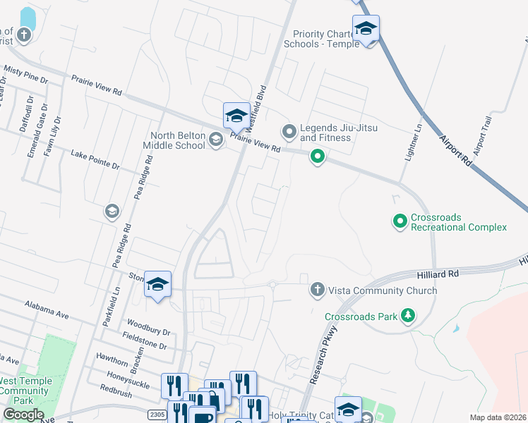 map of restaurants, bars, coffee shops, grocery stores, and more near 4720 Fawn Valley Drive in Temple