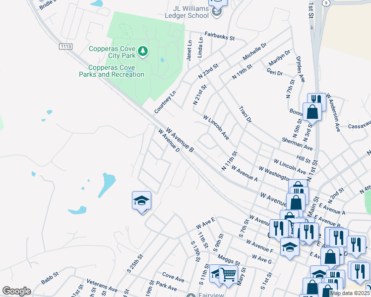 map of restaurants, bars, coffee shops, grocery stores, and more near 735 West Avenue B in Copperas Cove