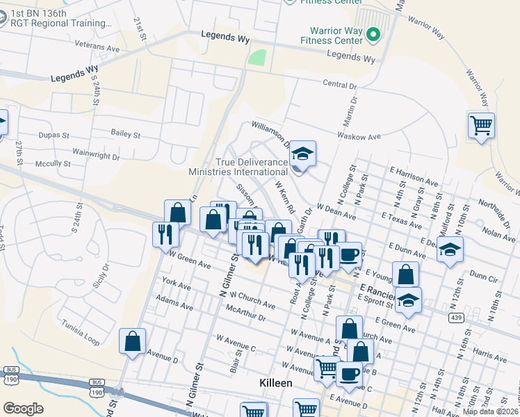 map of restaurants, bars, coffee shops, grocery stores, and more near 712 Valley Road in Killeen