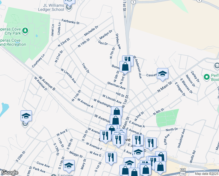 map of restaurants, bars, coffee shops, grocery stores, and more near 307 Sherman Avenue in Copperas Cove