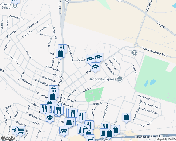 map of restaurants, bars, coffee shops, grocery stores, and more near 905 North Main Street in Copperas Cove