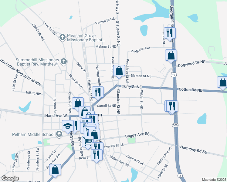 map of restaurants, bars, coffee shops, grocery stores, and more near 247 Curry Street Northeast in Pelham