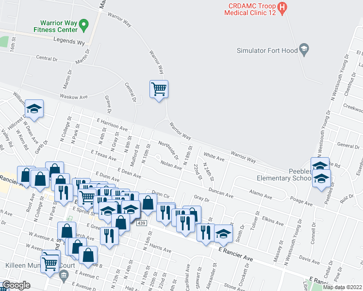 map of restaurants, bars, coffee shops, grocery stores, and more near 800 Pecan Circle in Killeen