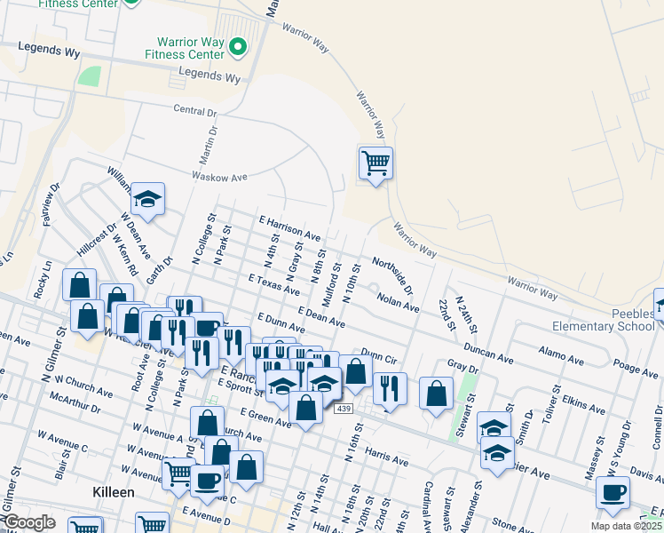 map of restaurants, bars, coffee shops, grocery stores, and more near 1714 Mulford Street in Killeen