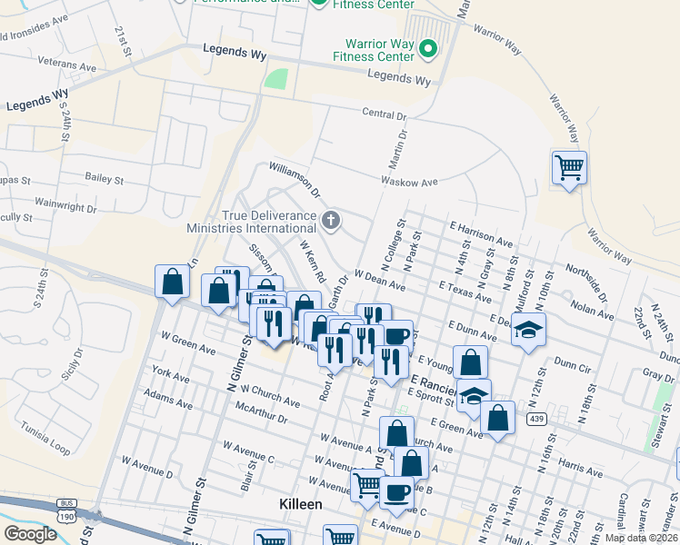 map of restaurants, bars, coffee shops, grocery stores, and more near 504 West Dean Avenue in Killeen