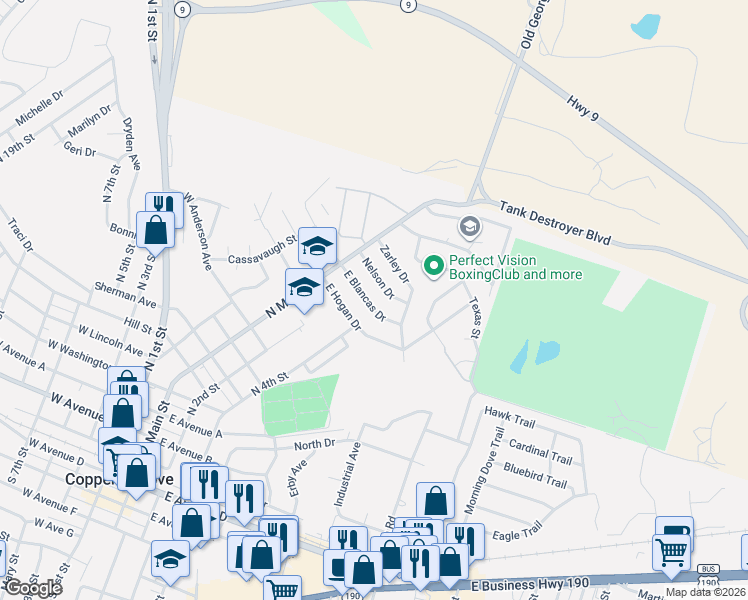 map of restaurants, bars, coffee shops, grocery stores, and more near 115 Nelson Drive in Copperas Cove