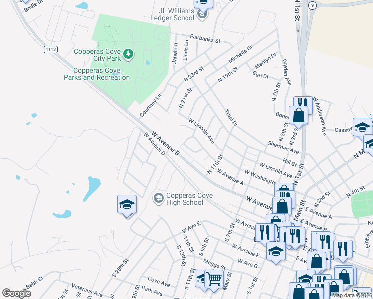 map of restaurants, bars, coffee shops, grocery stores, and more near 810 Kielman Drive in Copperas Cove