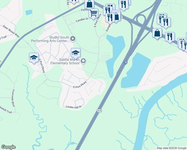 map of restaurants, bars, coffee shops, grocery stores, and more near 375 South Port Parkway in Brunswick