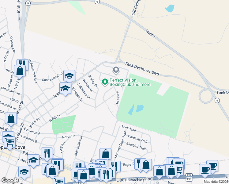 map of restaurants, bars, coffee shops, grocery stores, and more near 101 Eichelberger Drive in Copperas Cove