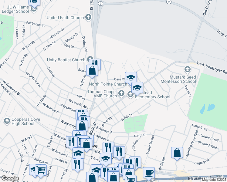 map of restaurants, bars, coffee shops, grocery stores, and more near 207 West Anderson Avenue in Copperas Cove