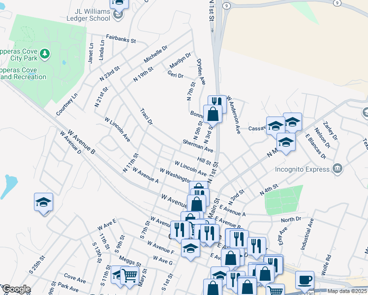 map of restaurants, bars, coffee shops, grocery stores, and more near 307 Sherman Avenue in Copperas Cove