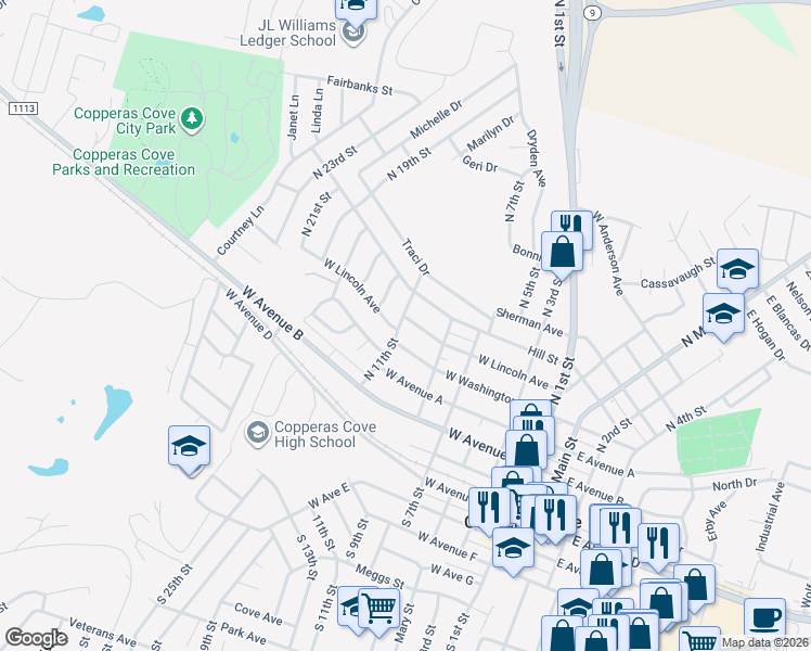 map of restaurants, bars, coffee shops, grocery stores, and more near 603 North 11th Street in Copperas Cove