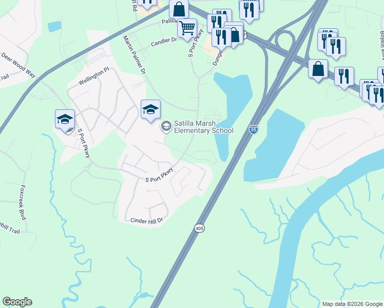 map of restaurants, bars, coffee shops, grocery stores, and more near 375 South Port Parkway in Brunswick
