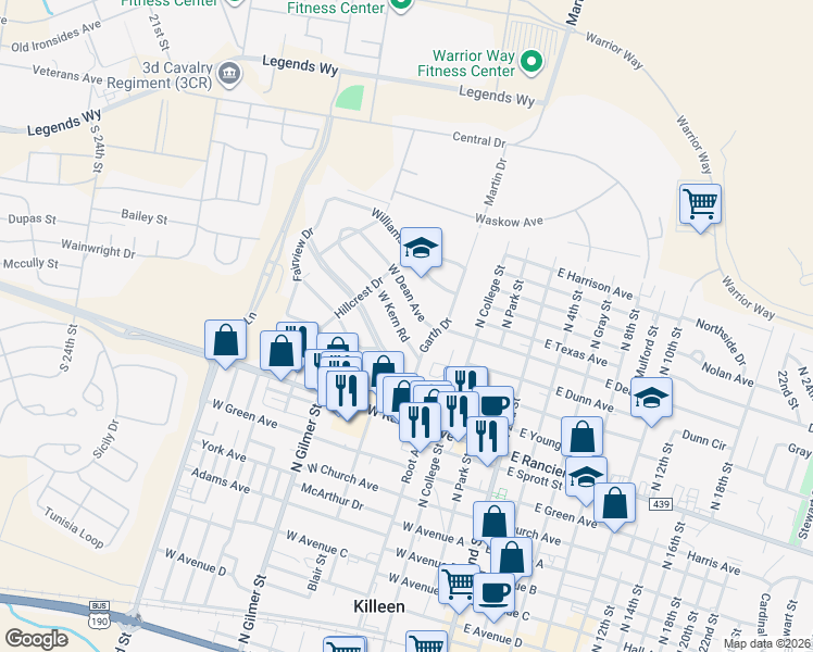 map of restaurants, bars, coffee shops, grocery stores, and more near 603 West Kern Road in Killeen