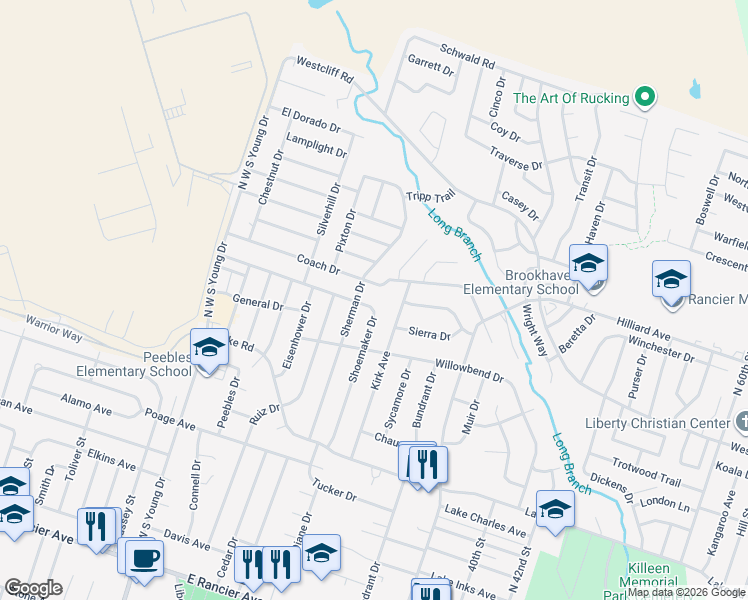 map of restaurants, bars, coffee shops, grocery stores, and more near 2602 Coach Drive in Killeen