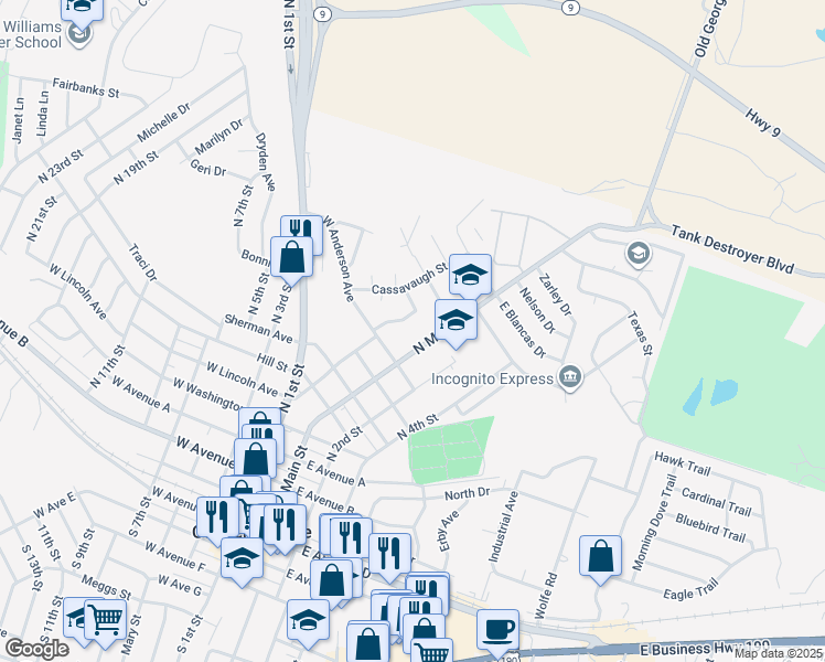 map of restaurants, bars, coffee shops, grocery stores, and more near 908 Hackberry Street in Copperas Cove