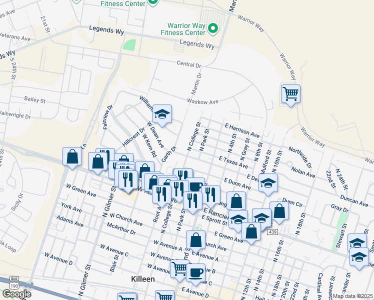 map of restaurants, bars, coffee shops, grocery stores, and more near 1405 North College Street in Killeen