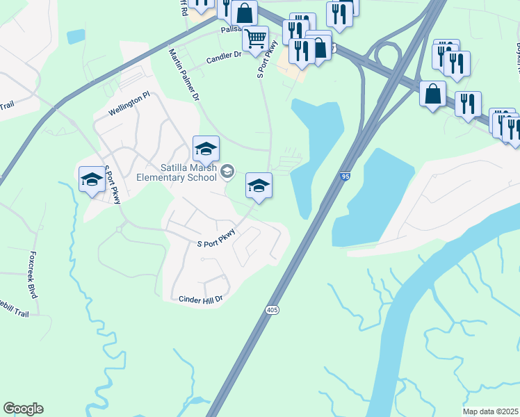 map of restaurants, bars, coffee shops, grocery stores, and more near 375 South Port Parkway in Brunswick