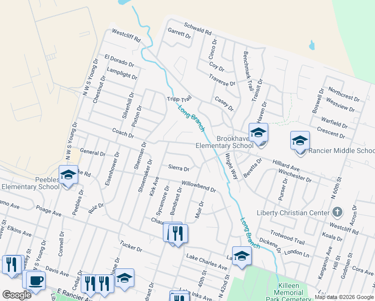 map of restaurants, bars, coffee shops, grocery stores, and more near 2804 Persimmon Drive in Killeen