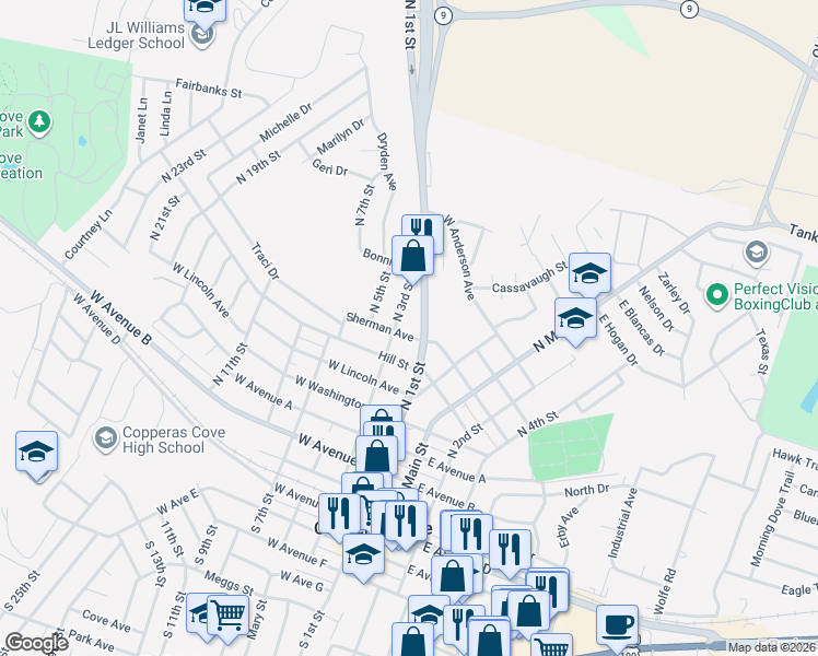 map of restaurants, bars, coffee shops, grocery stores, and more near 206 Sherman Avenue in Copperas Cove
