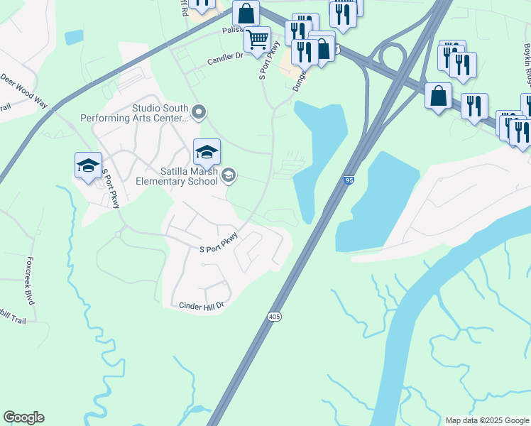 map of restaurants, bars, coffee shops, grocery stores, and more near 375 South Port Parkway in Brunswick