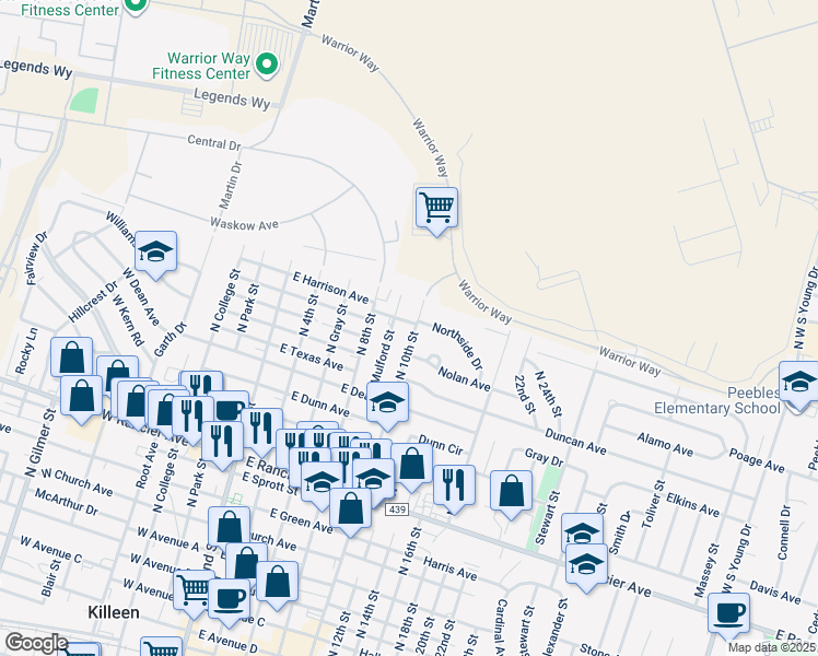 map of restaurants, bars, coffee shops, grocery stores, and more near 1714 Mulford Street in Killeen
