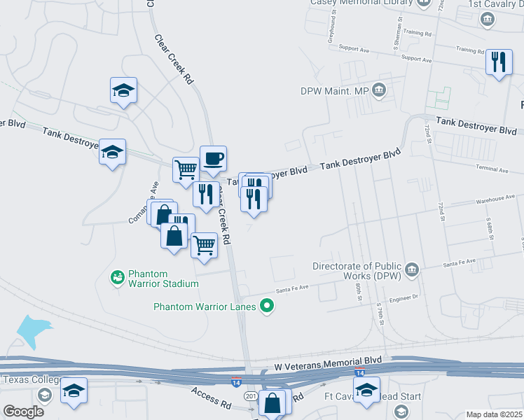 map of restaurants, bars, coffee shops, grocery stores, and more near 4250 Clear Creek Road in Fort Hood