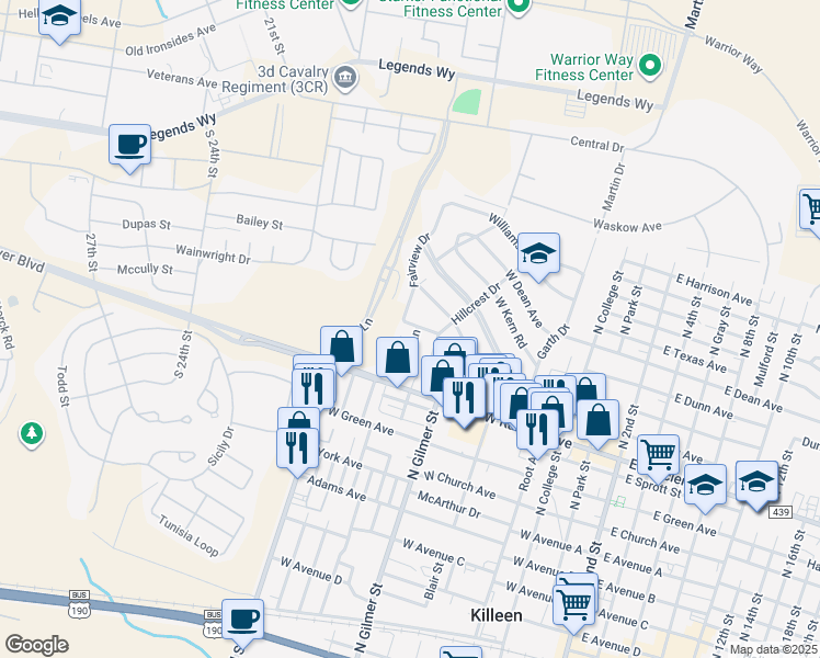 map of restaurants, bars, coffee shops, grocery stores, and more near 906 Evetts Road in Killeen