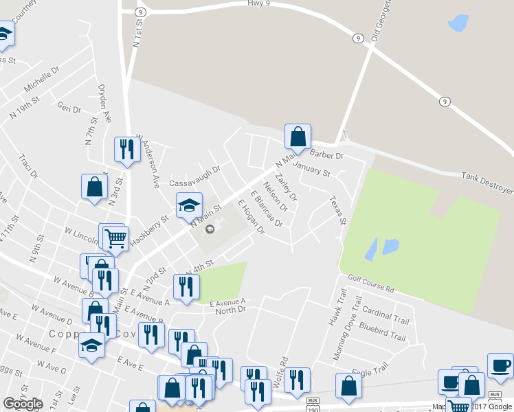 map of restaurants, bars, coffee shops, grocery stores, and more near 110 E Blancas Dr in Copperas Cove
