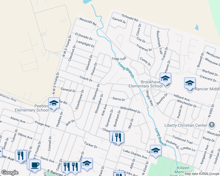 map of restaurants, bars, coffee shops, grocery stores, and more near 2201 Kirk Avenue in Killeen