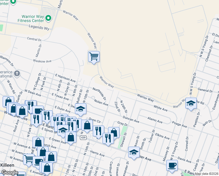 map of restaurants, bars, coffee shops, grocery stores, and more near 811 Pecan Circle in Killeen