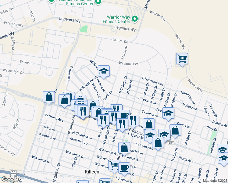 map of restaurants, bars, coffee shops, grocery stores, and more near 1405 North College Street in Killeen