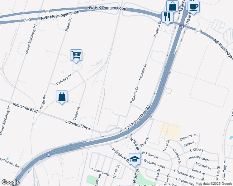 map of restaurants, bars, coffee shops, grocery stores, and more near 3000 Pegasus Drive in Temple