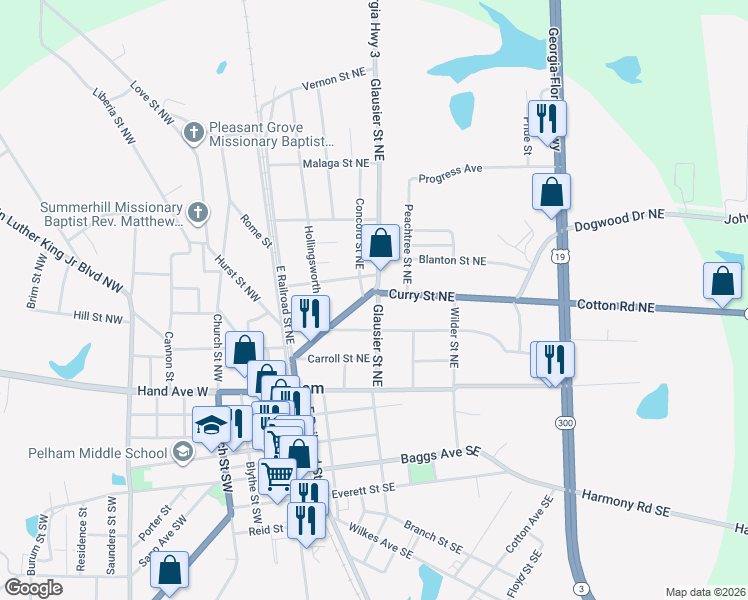 map of restaurants, bars, coffee shops, grocery stores, and more near 247 Curry Street Northeast in Pelham