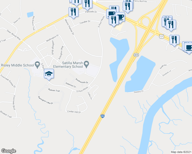 map of restaurants, bars, coffee shops, grocery stores, and more near 745 South Port Parkway in Brunswick