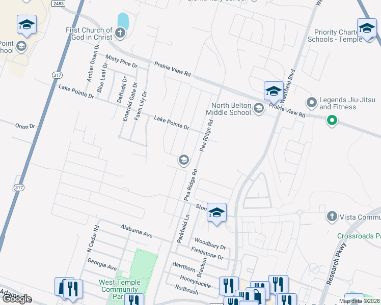 map of restaurants, bars, coffee shops, grocery stores, and more near 1110 Lilac Ledge Dr in Temple