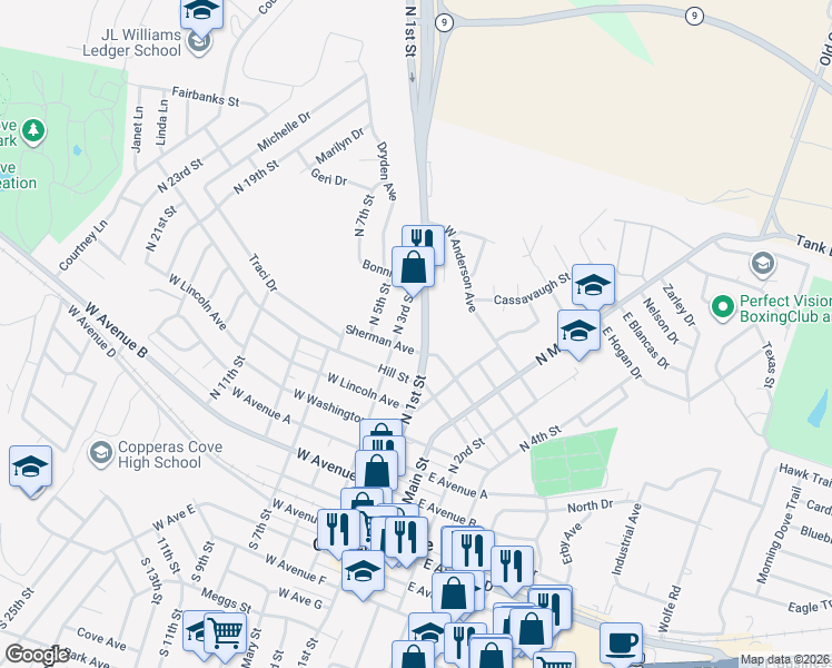 map of restaurants, bars, coffee shops, grocery stores, and more near 805 North 1st Street in Copperas Cove