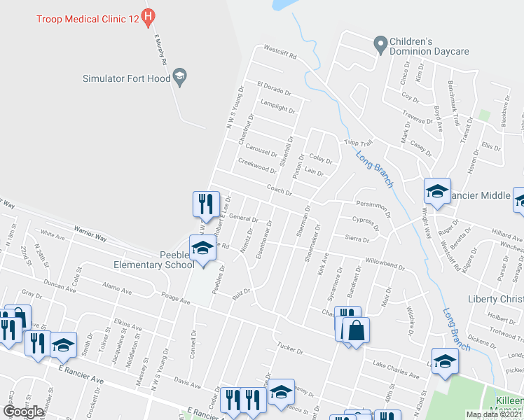 map of restaurants, bars, coffee shops, grocery stores, and more near 2106 Nimitz Drive in Killeen