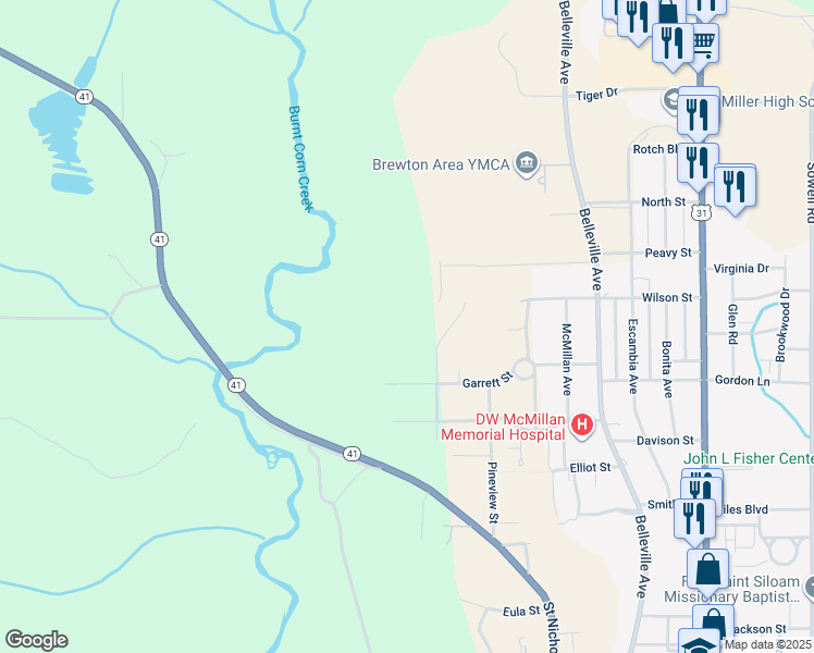 map of restaurants, bars, coffee shops, grocery stores, and more near Maple Avenue in Brewton