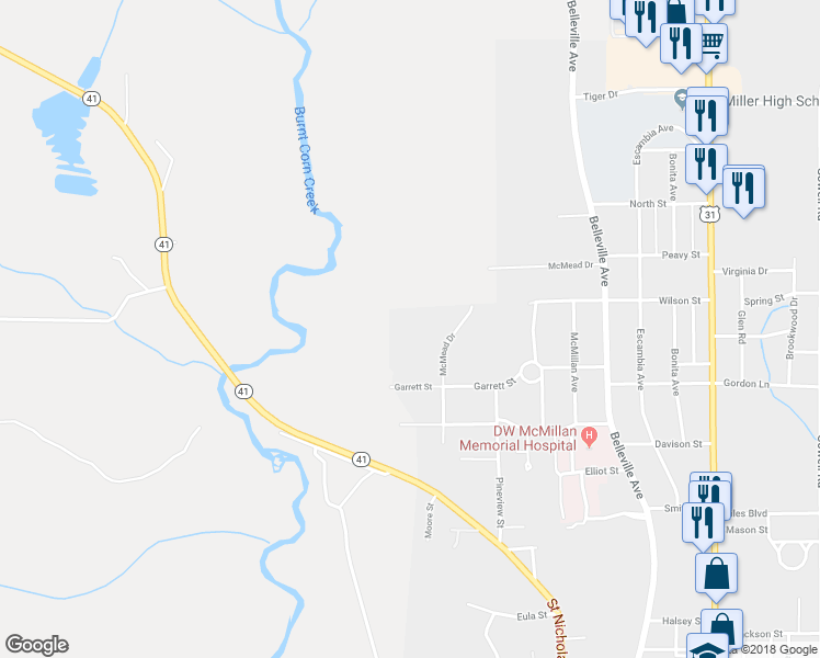 map of restaurants, bars, coffee shops, grocery stores, and more near Maple Avenue in Brewton