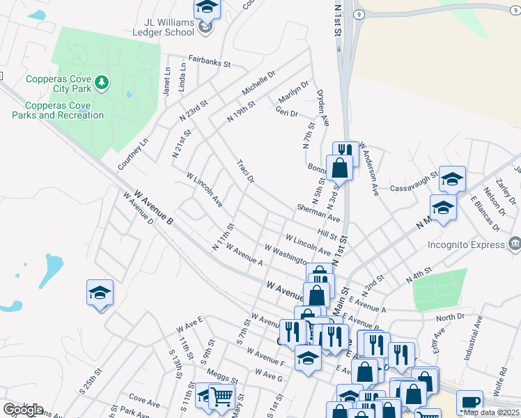 map of restaurants, bars, coffee shops, grocery stores, and more near 605 Hill Street in Copperas Cove